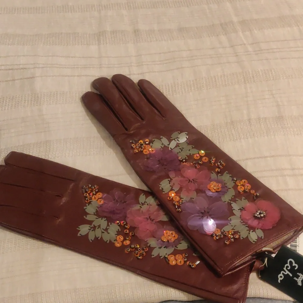 NEW Echo Genuine Burgundy/Red real Leather embroidered beads Gloves Retro Y2K - Picture 6 of 10